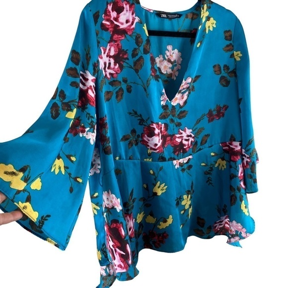 Zara Blouse Teal Floral V-neck with Peplum Sz Medium - Picture 4 of 11